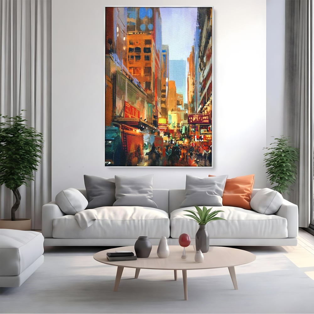 Tablou canvas cu pictura urbana cu strada din new york, in rama de aluminiu argintiu, pe perete intr-un living